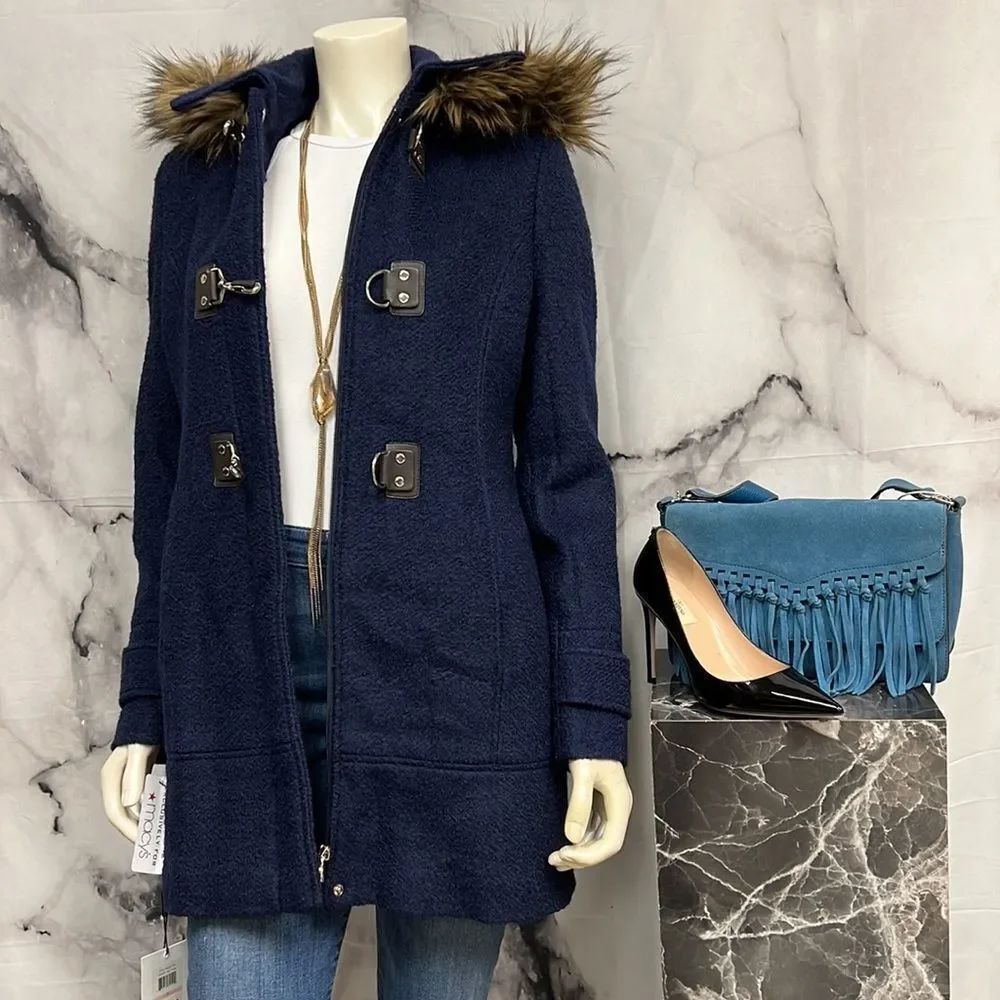 * Calvin Klein Indigo Blue Wool Winter Duffle Coat Jacket